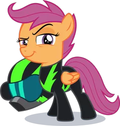 Size: 2831x2989 | Tagged: safe, artist:phucknuckl, derpibooru import, scootaloo, pegasus, pony, the washouts (episode), clothes, female, filly, helmet, high res, lidded eyes, pint-sized dynamite, raised eyebrow, simple background, solo, transparent background, uniform, vector, washouts uniform