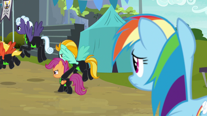 Size: 1280x720 | Tagged: safe, derpibooru import, screencap, lightning dust, rainbow dash, rolling thunder, scootaloo, short fuse, pegasus, pony, the washouts (episode), butt, clothes, concerned, eye scar, female, filly, flying, foal, mare, plot, scar, tattoo, the washouts, uniform, washouts uniform