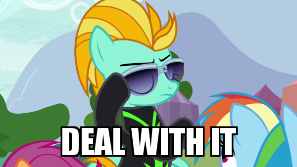 Size: 600x338 | Tagged: safe, derpibooru import, edit, edited screencap, screencap, lightning dust, rainbow dash, scootaloo, pegasus, pony, the washouts (episode), caption, clothes, deal with it, female, image macro, mare, meme, solo focus, sunglasses, text, uniform, washouts uniform