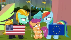 Size: 1280x720 | Tagged: article 13, derpibooru import, diplomacy, directive on copyright in the digital single market, edit, edited screencap, eqg flag-tag meme, european union, european union drama, flag, lightning dust, politics, rainbow dash, safe, scootaloo, screencap, the washouts (episode), united states, united states drama