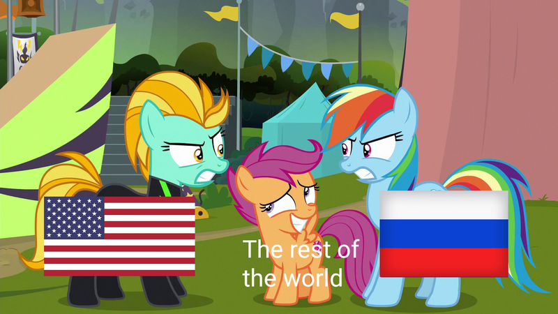 Size: 1280x720 | Tagged: derpibooru import, diplomacy, edit, edited screencap, eqg flag-tag meme, flag, lightning dust, politics, rainbow dash, russia, safe, scootaloo, screencap, the washouts (episode), united states