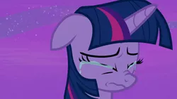 Size: 1280x720 | Tagged: safe, derpibooru import, screencap, twilight sparkle, twilight sparkle (alicorn), alicorn, pony, once upon a zeppelin, season 7, crying, eyes closed, female, floppy ears, image, mare, night, nose wrinkle, png, poor twilight, sad, solo, teary eyes, wavy mouth