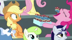 Size: 1280x720 | Tagged: safe, derpibooru import, screencap, applejack, fluttershy, minty green, moonlight raven, pinkie pie, earth pony, pony, unicorn, the washouts (episode), "scootaloo's super-difficult stunt" special cupcakes, background pony, cupcake, eyes closed, female, food, mare