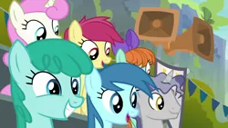 Size: 1280x720 | Tagged: safe, derpibooru import, screencap, blue october, blueberry muffin, lucky charm (character), peppermint goldylinks, spring melody, sprinkle medley, star bright, twinkleshine, pony, the washouts (episode), background pony, friendship student