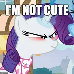 Size: 500x499 | Tagged: safe, derpibooru import, edit, edited screencap, screencap, rarity, pony, unicorn, the end in friend, blatant lies, blushing, caption, cropped, cute, denial, female, i'm not cute, image macro, mare, meme, raribetes, solo focus, text