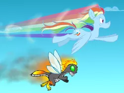 Size: 1024x768 | Tagged: artist:azulmimi99, buzz (neopets), crossover, derpibooru import, female, fire, flying, neopets, rainbow, rainbow dash, safe, smoke, solo