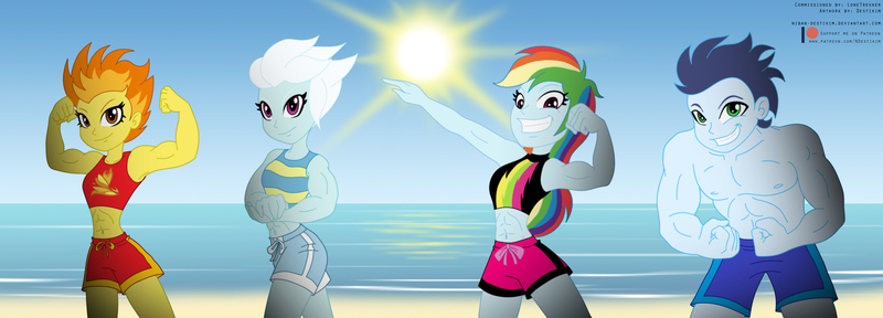 Size: 2496x900 | Tagged: safe, artist:niban-destikim, derpibooru import, fleetfoot, rainbow dash, soarin', spitfire, equestria girls, equestria girls series, abs, armpits, beach, belly button, biceps, clothes, commission, equestria girls-ified, fitfire, fleetflex, flexing, looking at you, muscles, partial nudity, rainbuff dash, sand, shorts, showing off, smiling, soaripped, sun, topless, wonderbolts