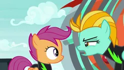 Size: 1280x720 | Tagged: safe, derpibooru import, screencap, lightning dust, scootaloo, pegasus, pony, the washouts (episode), clothes, duo, female, filly, foal, mare, uniform, washouts uniform