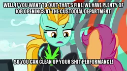 Size: 600x338 | Tagged: safe, derpibooru import, edit, edited screencap, screencap, lightning dust, scootaloo, pegasus, pony, the washouts (episode), attack on titan abridged, caption, clothes, duo, female, filly, foal, image macro, mare, meme, shadis, text, uniform, vulgar, washouts uniform