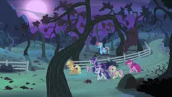 Size: 1280x720 | Tagged: safe, derpibooru import, screencap, applejack, fluttershy, pinkie pie, rainbow dash, rarity, spike, twilight sparkle, twilight sparkle (alicorn), alicorn, dragon, earth pony, pegasus, pony, unicorn, bats!, apple, apple orchard, apple tree, bare tree, female, fence, full moon, male, mane seven, mane six, mare, moon, night, orchard, path, tree, trotting