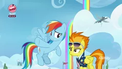 Size: 1920x1080 | Tagged: safe, derpibooru import, screencap, rainbow dash, spitfire, pegasus, pony, the washouts (episode), bake it like buddy, clothes, discovery family logo, duo, female, lidded eyes, mare, pointing, rainbow waterfall, sunglasses, uniform, whistle, wonderbolts dress uniform, wonderbolts headquarters