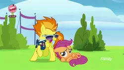 Size: 1920x1080 | Tagged: safe, derpibooru import, screencap, scootaloo, spitfire, pegasus, pony, the washouts (episode), clothes, duo, female, filly, foal, mare, prone, sunglasses, uniform, wonderbolts dress uniform, yelling