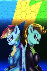 Size: 2940x4430 | Tagged: safe, artist:darksly, derpibooru import, lightning dust, rainbow dash, pegasus, pony, the washouts (episode), abstract background, clothes, duo, female, mare, rivals, rivals for life, uniform, washouts uniform, wonderbolts uniform