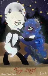 Size: 2250x3500 | Tagged: safe, artist:darkest-lunar-flower, derpibooru import, princess luna, oc, oc:lux(pearle), alicorn, alien, pegasus, pony, asexual, blushing, canon x oc, dancing, female, male, shipping, straight, tango