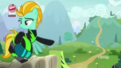 Size: 1920x1080 | Tagged: safe, derpibooru import, screencap, lightning dust, pegasus, pony, the washouts (episode), clothes, female, flying, helmet, hill, mare, path, uniform, washouts uniform