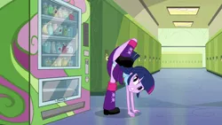 Size: 1600x900 | Tagged: suggestive, artist:remcmaximus, derpibooru import, edit, edited screencap, screencap, twilight sparkle, twilight sparkle (alicorn), alicorn, equestria girls, equestria girls (movie), accidental exposure, blue underwear, clothes, commission, leg warmers, panties, panty shot, physics, pleated skirt, reality ensues, shoes, skirt, skirt lift, underwear, underwear edit, upskirt, vending machine