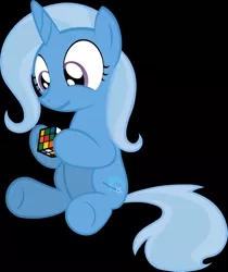 Size: 1212x1440 | Tagged: safe, artist:miketheuser, derpibooru import, edit, trixie, pony, unicorn, black background, cute, cutie mark, diatrixes, female, filly, hoof hold, horn, rubik's cube, simple background, sitting, smiling, toy, underhoof, younger