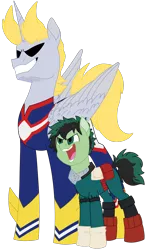 Size: 758x1280 | Tagged: safe, artist:ashartsathing, derpibooru import, ponified, alicorn, earth pony, pony, all might, all might's hero costume, dadmight, deku's hero costume, duo, izuku midoriya, male, male alicorn, mentor and protege, my hero academia, one for all, quirked pony, simple background, teacher and student, transparent background, using quirk