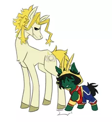 Size: 1280x1391 | Tagged: safe, artist:morningbrew-pony, derpibooru import, ponified, pony, all might, all might's hero costume, cute, dadmight, duo, izuku midoriya, izuku's all might onesie, male, mentor and protege, my hero academia, quirked pony, small might, species swap, teacher and student, true form
