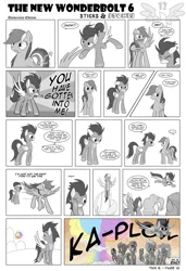 Size: 1600x2344 | Tagged: safe, artist:marmorexx, derpibooru import, blaze, fleetfoot, high winds, rainbow dash, soarin', spitfire, surprise, comic:the new wonderbolt, atomic rainboom, biting, crying, explosion, female, male, monochrome, neo noir, partial color, rejection, shipping, shipping denied, soarindash, straight, wing bite