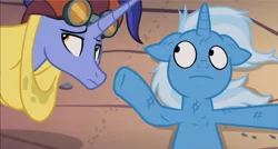 Size: 1280x688 | Tagged: safe, derpibooru import, edit, edited screencap, screencap, hoo'far, trixie, pony, saddle arabian, unicorn, road to friendship, duo, female, inconvenient trixie, male, mare, messy mane, on back, stallion