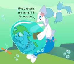 Size: 3000x2600 | Tagged: safe, artist:bladedragoon7575, derpibooru import, oc, oc:balance blade, unofficial characters only, bondage, bubble, encasement, holding breath, in bubble, pokémon, primarina, rebreather, story included, trapped, treasure chest, underwater