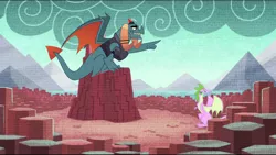 Size: 1024x579 | Tagged: derpibooru import, dragon, dragoness, dragon lands, dragon lord torch, duo, father knows beast, female, male, pointing, safe, screencap, solo, spike's fake mother