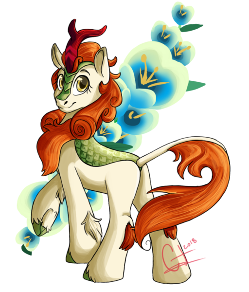 Size: 811x950 | Tagged: artist:crystalchan2d, autumn blaze, cloven hooves, derpibooru import, female, flower, foal's breath, kirin, safe, simple background, smiling, solo, sounds of silence, transparent background