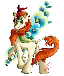 Size: 811x950 | Tagged: artist:crystalchan2d, autumn blaze, cloven hooves, derpibooru import, female, flower, foal's breath, kirin, safe, simple background, smiling, solo, sounds of silence, transparent background