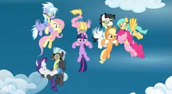 Size: 851x467 | Tagged: safe, derpibooru import, screencap, applejack, cloudchaser, fluttershy, meadow flower, mercury, milky way, pinkie pie, rarity, starry eyes (character), sunshower raindrops, thunderlane, twilight sparkle, earth pony, pegasus, pony, unicorn, wonderbolts academy, carrying, clothes, cloud, female, flying, goggles, male, mare, rescue, stallion, unicorn twilight, uniform, wonderbolt trainee uniform