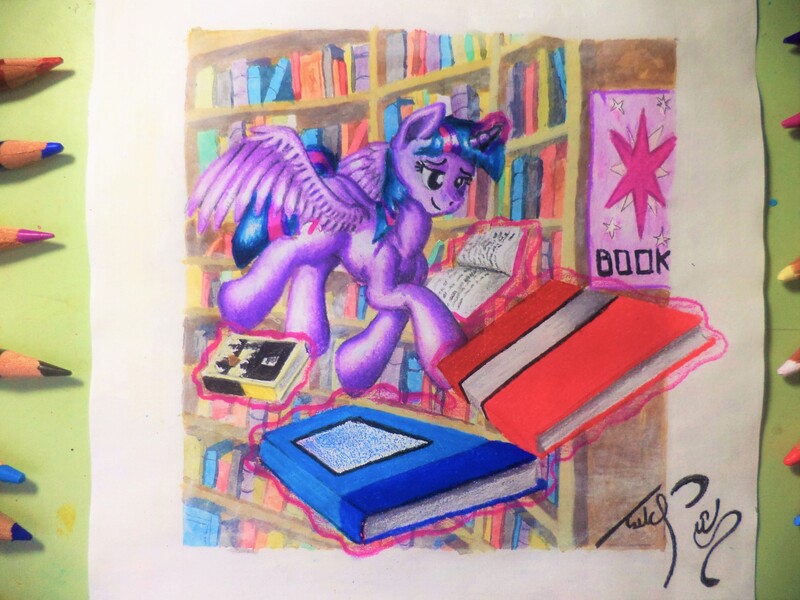 Size: 4232x3174 | Tagged: alicorn, artist:uliovka, book, bookshelf, derpibooru import, safe, solo, traditional art, twilight sparkle, twilight sparkle (alicorn)