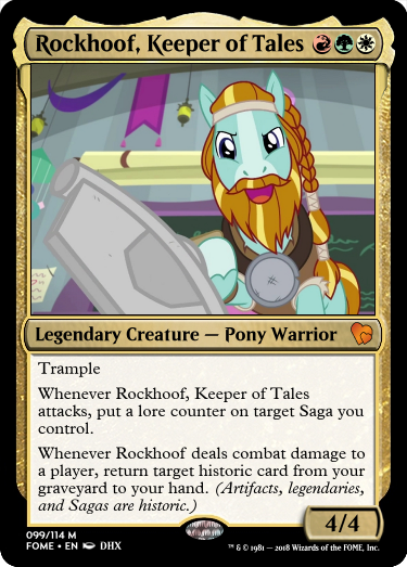 Size: 375x523 | Tagged: safe, derpibooru import, edit, screencap, rockhoof, earth pony, pony, a rockhoof and a hard place, beard, blaze (coat marking), braid, ccg, chalkboard, cropped, facial hair, magic the gathering, male, moustache, rockhoof's shovel, shovel, stallion, trading card, trading card edit