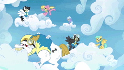 Size: 640x360 | Tagged: safe, derpibooru import, bulk biceps, cloudchaser, meadow flower, mercury, milky way, starry eyes (character), sunshower raindrops, thunderlane, pegasus, pony, wonderbolts academy, animated, background pony, clothes, cloud, cloud busting, cloudy, ear piercing, earring, female, goggles, jewelry, male, mare, piercing, sky, stallion, uniform, wingpony badge, wonderbolt trainee uniform