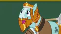 Size: 1280x720 | Tagged: safe, derpibooru import, screencap, rockhoof, earth pony, pony, a rockhoof and a hard place, beard, clothes, facial hair, male, moustache, open mouth, rockhoof's shovel, shovel, solo, stallion