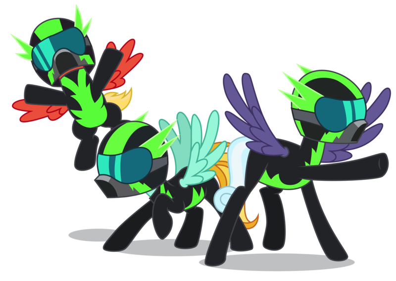 Size: 7778x5517 | Tagged: safe, artist:dragonchaser123, derpibooru import, lightning dust, rolling thunder, short fuse, pegasus, pony, the washouts (episode), absurd resolution, clothes, female, goggles, helmet, male, mare, pose, simple background, stallion, the washouts, transparent background, trio, uniform, vector, washouts uniform