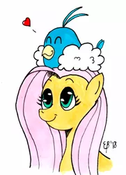Size: 800x1104 | Tagged: safe, artist:cartoon-eric, derpibooru import, fluttershy, pegasus, pony, swablu, bust, crossover, female, heart, looking up, mare, pokémon, portrait, simple background, sitting on head, smiling, solo, traditional art, white background