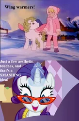 Size: 416x640 | Tagged: baby it's cold outside, carousel boutique, cropped, derpibooru import, edit, edited screencap, g1, glasses, magic, magic aura, measuring tape, megan williams, my little pony 'n friends, parka, rarity, safe, screencap, smiling, snow, suited for success, surprise, text, wing warmers