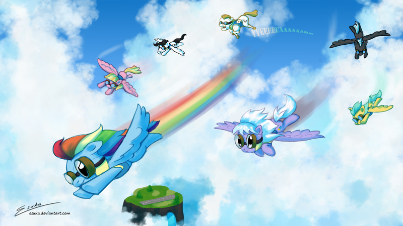 Size: 2000x1125 | Tagged: artist:esuka, bulk biceps, clothes, cloudchaser, derpibooru import, goggles, meadow flower, mercury, milky way, rainbow dash, roid rage, safe, starry eyes (character), sunshower raindrops, thunderlane, uniform, wonderbolts academy, wonderbolt trainee uniform