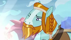 Size: 1280x720 | Tagged: safe, derpibooru import, screencap, rockhoof, earth pony, pony, a rockhoof and a hard place, beard, blaze (coat marking), braid, facial hair, male, moustache, one eye closed, rockhoof's shovel, shovel, solo, squint, stallion