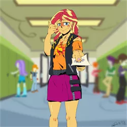 Size: 1000x1000 | Tagged: safe, artist:sozglitch, derpibooru import, aqua blossom, heath burns, indigo wreath, sunset shimmer, valhallen, equestria girls, equestria girls (movie), equestria girls series, background human, blushing, canterlot high, clothes, compression shorts, female, geode of empathy, jacket, leather jacket, magical geodes, miniskirt, phone number, shorts, skirt, solo focus