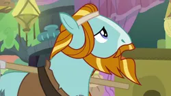 Size: 1280x720 | Tagged: safe, derpibooru import, screencap, rockhoof, earth pony, pony, a rockhoof and a hard place, beard, facial hair, male, moustache, rockhoof's shovel, shovel, solo, stallion