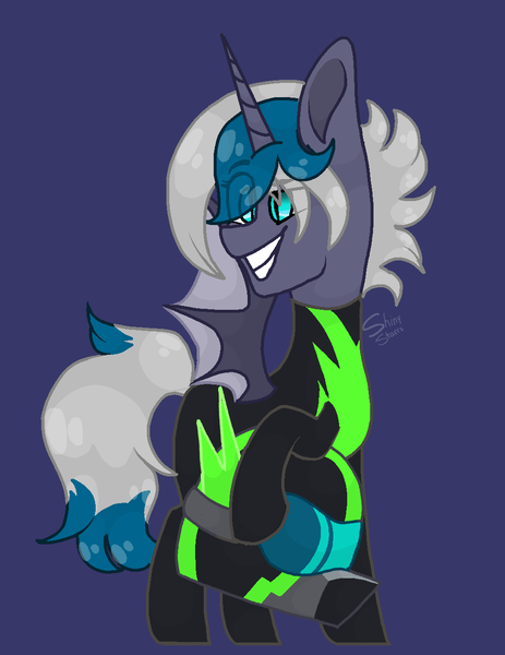 Size: 1014x1313 | Tagged: safe, artist:shinystarrs, derpibooru import, oc, oc:elizabat stormfeather, unofficial characters only, alicorn, bat pony, bat pony alicorn, the washouts (episode), alicorn oc, bat pony oc, bat wings, blue background, clothes, female, goggles, green, helmet, horn, mare, signature, simple background, solo, the washouts, uniform, washouts uniform, wings