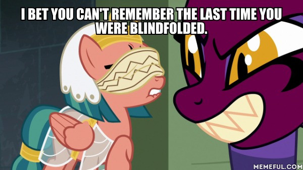 Size: 600x337 | Tagged: safe, derpibooru import, edit, edited screencap, screencap, somnambula, sphinx (character), pegasus, pony, sphinx, daring done?, blindfold, caption, duo, female, image macro, mare, meme, somnambula's blindfold, text