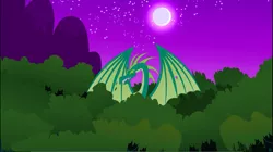 Size: 1351x757 | Tagged: derpibooru import, dragon, everfree forest, forest, male, moon, night, owl's well that ends well, reginald, safe, screencap, spread wings, wings