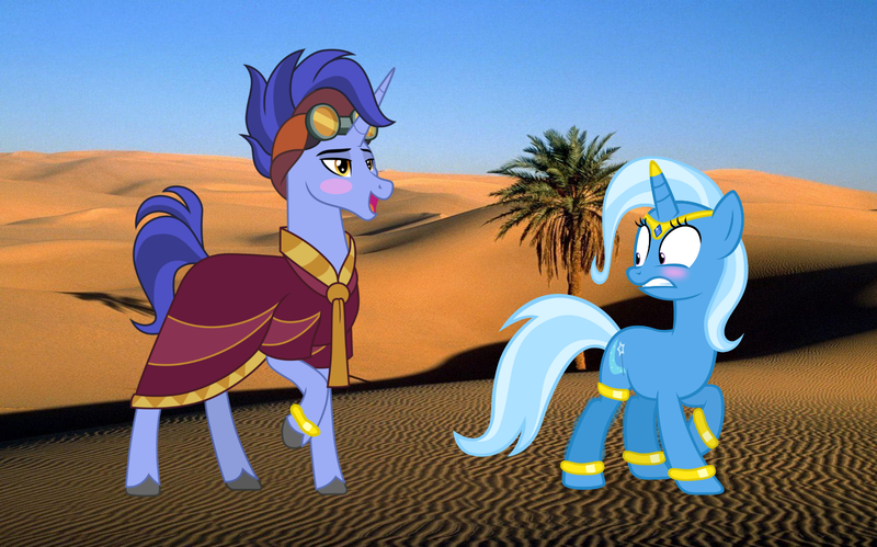 Size: 1680x1048 | Tagged: safe, artist:3d4d, derpibooru import, hoo'far, trixie, genie, pony, saddle arabian, unicorn, road to friendship, desert, female, irl, male, mare, photo, ponies in real life, shipping, stallion, straight, trixfar