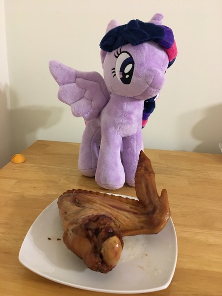 Size: 3024x4032 | Tagged: safe, derpibooru import, twilight sparkle, twilight sparkle (alicorn), alicorn, bird, turkey, 4de, food, irl, meat, photo, plushie, ponies eating meat, solo, wings