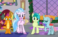 Size: 964x611 | Tagged: safe, derpibooru import, screencap, ocellus, sandbar, silverstream, smolder, yona, changedling, changeling, classical hippogriff, dragon, earth pony, hippogriff, pony, the hearth's warming club, blame, cropped, female, male, ocellus is not amused, pointing, unamused