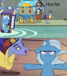 Size: 1280x1440 | Tagged: safe, derpibooru import, edit, edited screencap, screencap, hoo'far, trixie, pony, saddle arabian, unicorn, road to friendship, clothes, duo, female, hoo'far's wagon, male, mare, name pun, on back, open mouth, pun, river, smiling, stallion, trixie is not amused, trixie's wagon, unamused, water, you mad bro