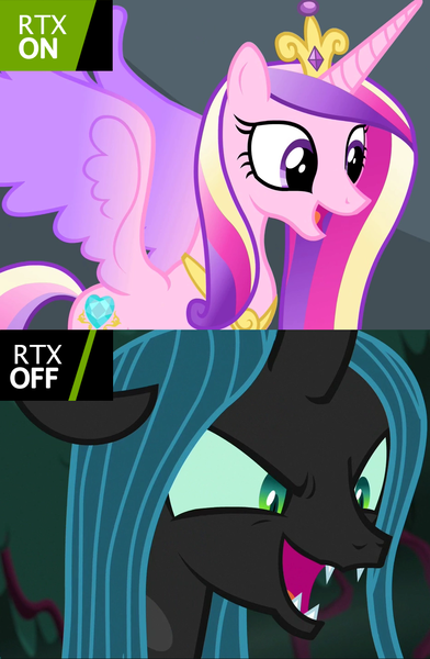 Size: 939x1439 | Tagged: safe, derpibooru import, princess cadance, queen chrysalis, alicorn, changeling, changeling queen, pony, equestria games (episode), the mean 6, comparison, cute, cutealis, cutedance, duo, duo female, female, glare, happy, mare, meme, nvidia, open mouth, rtx, smiling, smirk, spread wings, wings