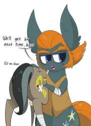 Size: 1264x1742 | Tagged: safe, artist:dragonpone, derpibooru import, doctor caballeron, rogue (character), earth pony, pony, bandage, butt, carrying, clothes, dialogue, duo, ear fluff, eyebrows, henchmen, lidded eyes, male, open mouth, over shoulder, plot, scar, simple background, stallion, transparent background, vest